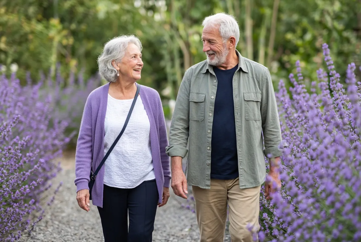An older woman in a lavender cardigan and an older man in a green shirt walk and talk along a garden path lined with lavender.